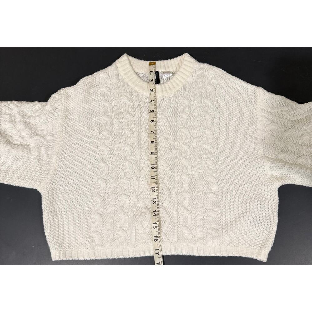 Women's Divided H&M white cropped cable knit sweater puff sleeves medium - Picture 4 of 7